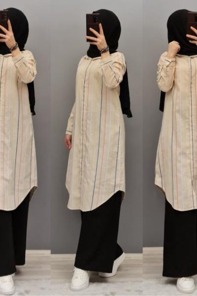 Yeni Model Tuniğim Çizgili Krem