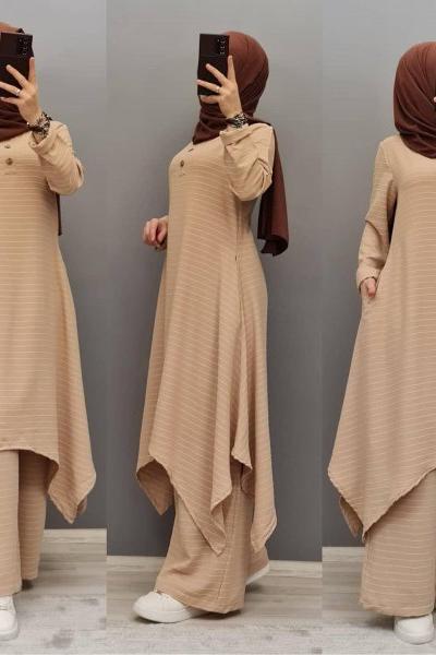 Yeni Model Ekose Takımım  Çizgili Krem