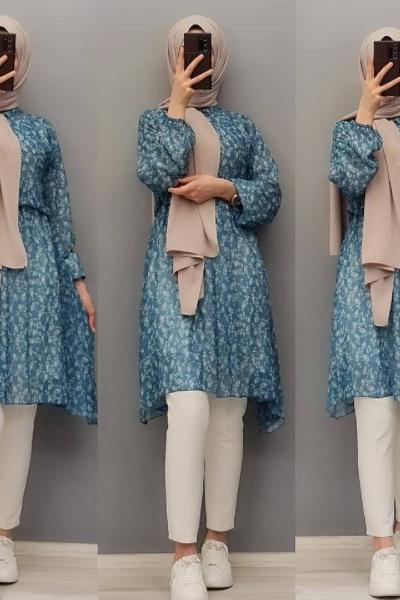 Yeni Model Şifon Tuniğim Mavi