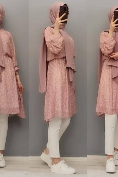 Yeni Model Şifon Tuniğim Gül