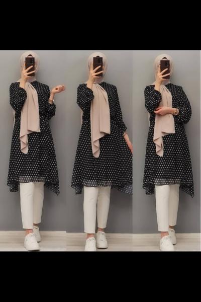 Yeni Model Şifon Tuniğim Siyah Beyaz