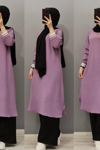 Yeni Model Kol Şeritli Tuniğim Lila