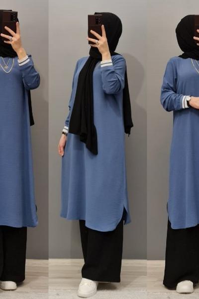 Yeni Model Kol Şeritli Tuniğim İndigo