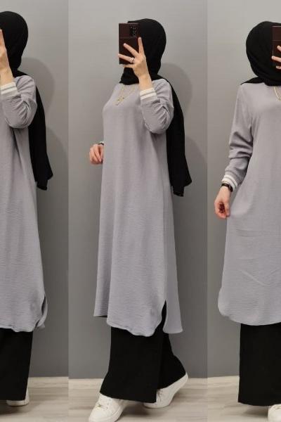 Yeni Model Kol Şeritli Tuniğim Gri