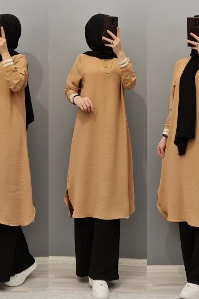 Yeni Model Kol Şeritli Tuniğim Camel