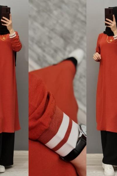 Yeni Model Kol Şeritli Tuniğim Kiremit