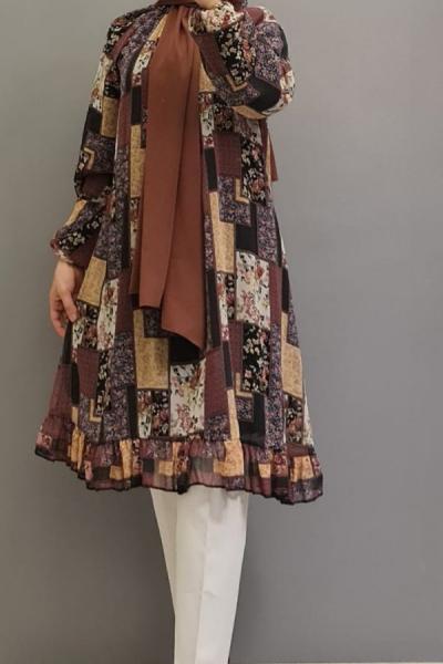 Yeni Model Şifon Tuniğim Kahverengi