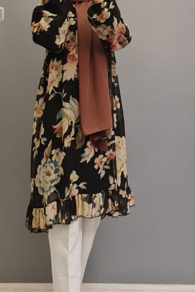 Yeni Model Şifon Tuniğim Siyah Sari