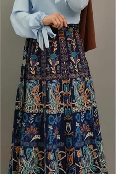 Yeni Model Etnik Desen Eteğim Mavi