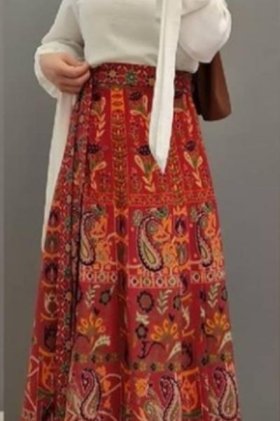 Yeni Model Etnik Desen Eteğim Kırmızı Haki