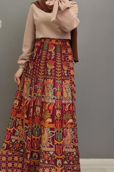Yeni Model Etnik Desen Eteğim Bordo Taş