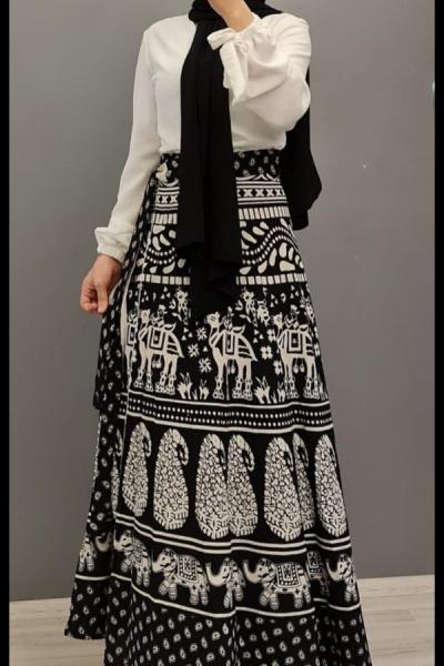 Yeni Model Etnik Desen Eteğim Siyah Beyaz