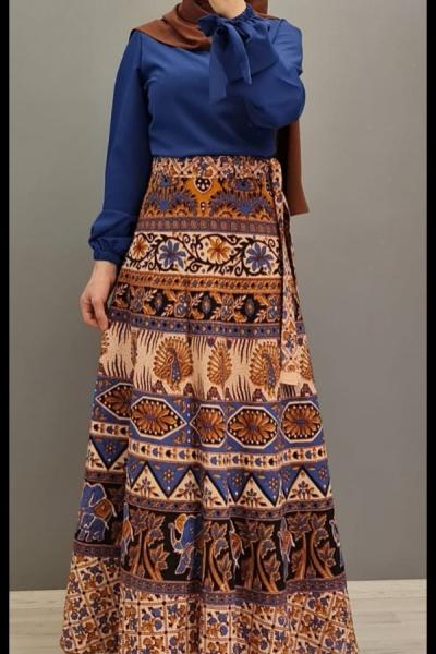 Yeni Model Etnik Desen Eteğim Mavi Ekru