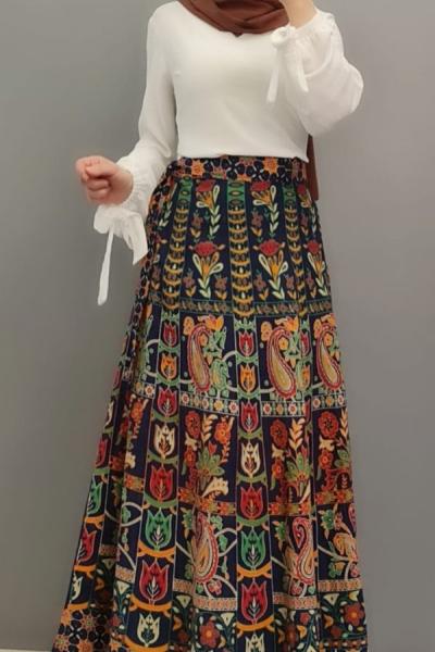Yeni Model Etnik Desen Eteğim Lacivert Yaprak