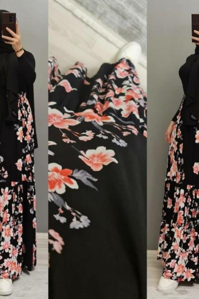 Yeni Model Likralı Penye Etek Siyah Fuşya