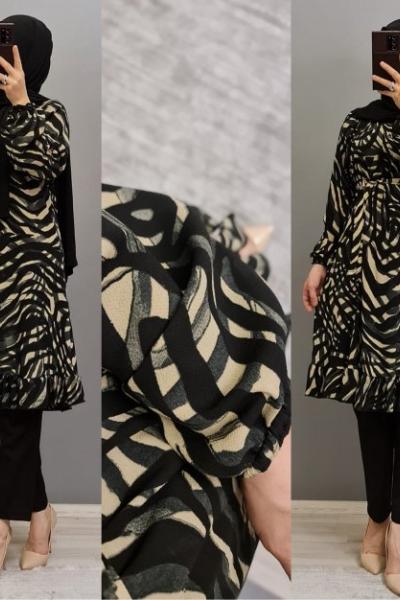 Yeni Model Şifon Tuniğim Siyah Ekru