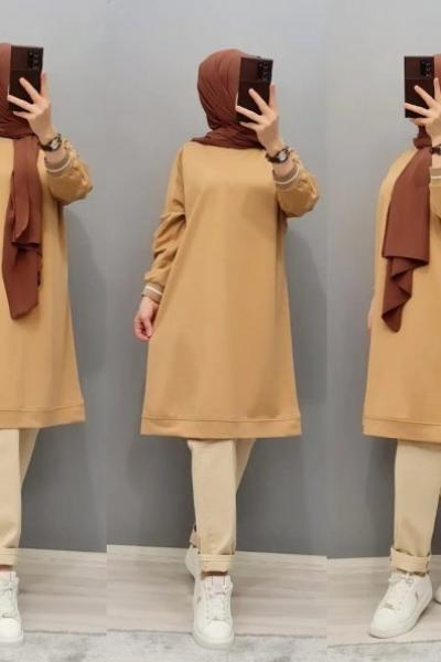 Yeni Model 3 iplikli Tunik Camel