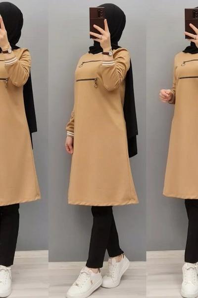 Yeni Model Fermuarlı Tuniğim Camel