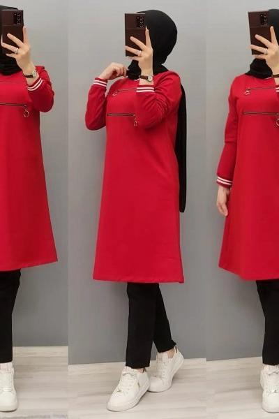 Yeni Model Fermuarlı Tuniğim Kırmızı