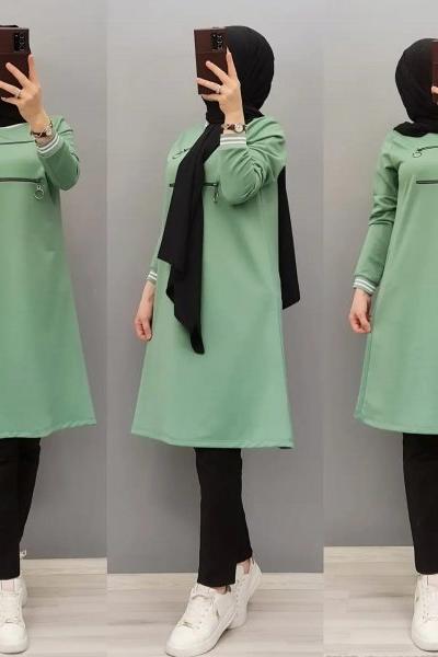 Yeni Model Fermuarlı Tuniğim Yeşil