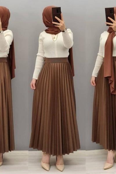 Yeni Model Deri Gorunumlu Etek Kahverengi