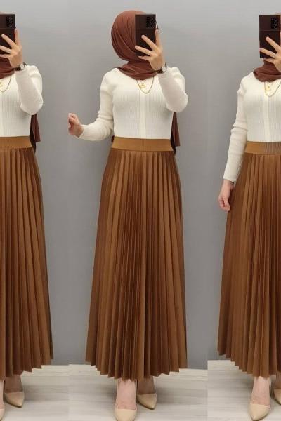 Yeni Model Deri Gorunumlu Etek Taba