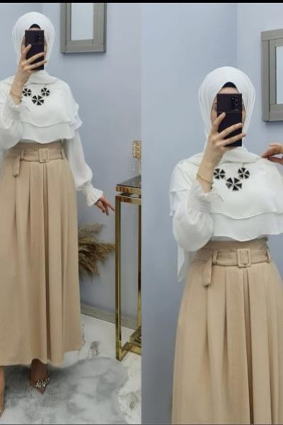 Yeni Model Örme Krep Kumaş Eteğim Krem