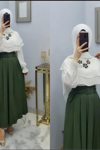 Yeni Model Örme Krep Kumaş Eteğim Haki