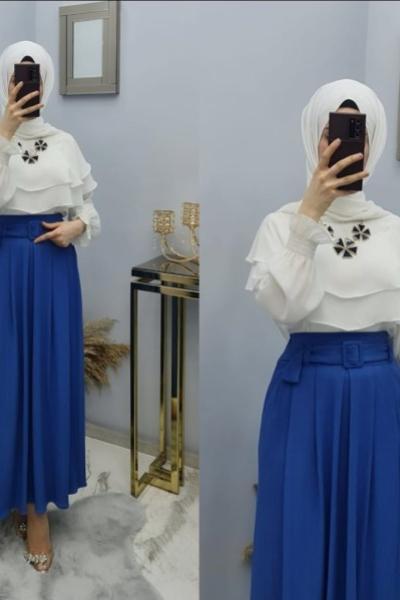 Yeni Model Örme Krep Kumaş Eteğim Saks Mavisi