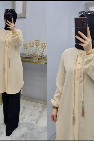 Yeni Model Şeker Krep Tuniğim Krem