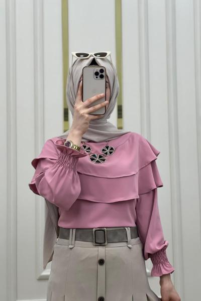 Yeni Model Krep Kumaş Gömleğim Pudra