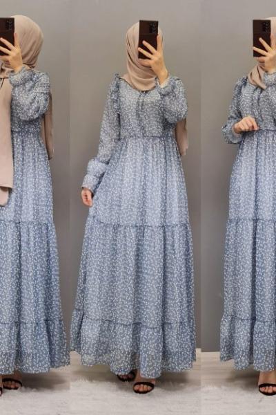 Yeni Model Şifon Elbisem Açık Mavi