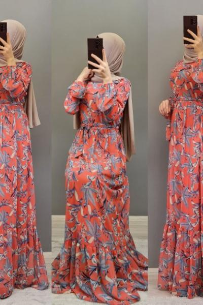 Yeni Model Yapraklı Elbisem Nar Çiçeği