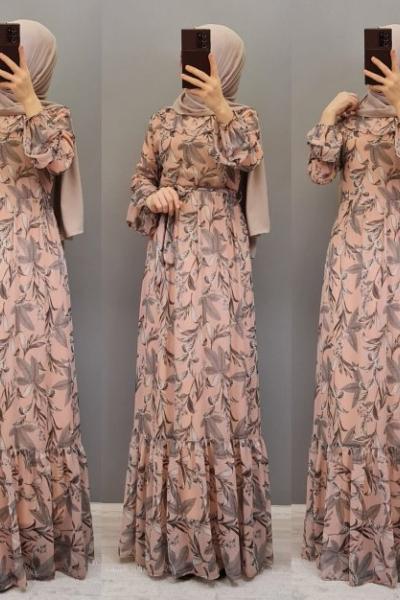 Yeni Model Yapraklı Elbisem Pudra