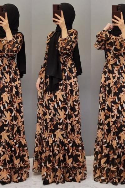 Yeni Model Yapraklı Elbisem Siyah