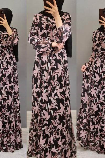 Yeni Model Yapraklı Elbisem Pudra Siyah