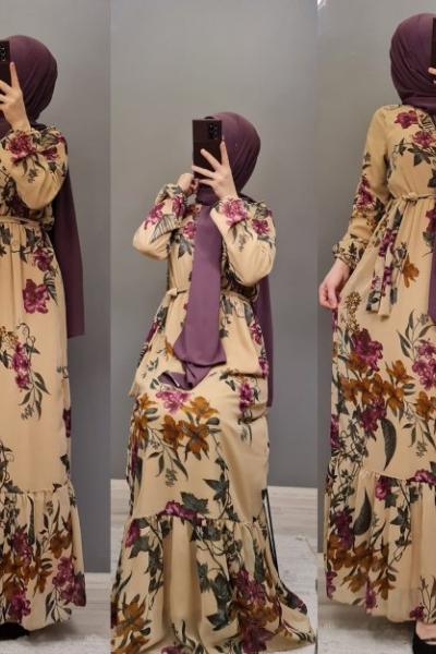 Yeni Model Çiçekli Elbisem Krem