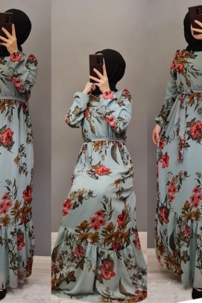 Yeni Model Çiçekli Elbisem Gök Mavi
