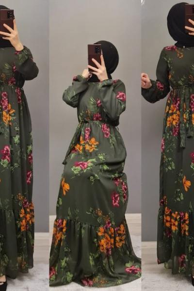 Yeni Model Çiçekli Elbisem Haki