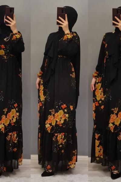Yeni Model Çiçekli Elbisem Siyah