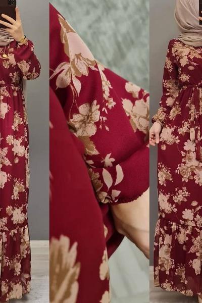 Yeni Model Çiçekli Elbisem Bordo