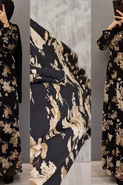 Yeni Model Çiçekli Elbisem Siyah Tarçın