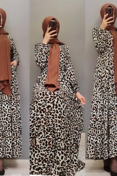 Yeni Model Leopar Elbisem Ekru Siyah