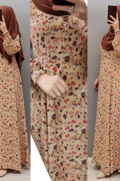 Yeni Model Çiçekli Elbisem Camel