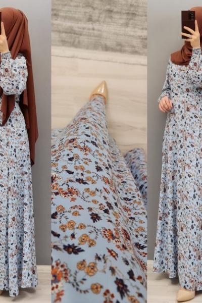 Yeni Model Çiçekli Elbisem Gök Mavi