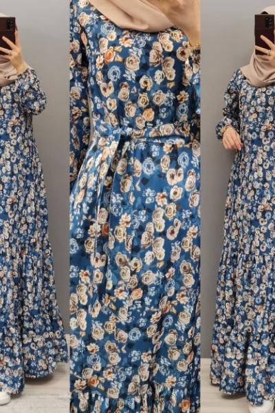 Yeni Model Paraşüt Kumaş Elbisem Mavi Geçişli