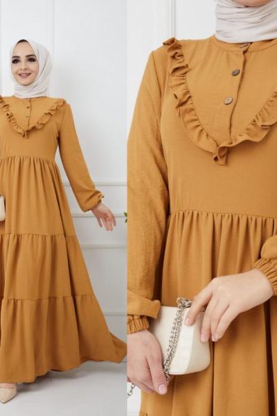 Yeni Model Ayrobin Elbisem Hardal Sarısı