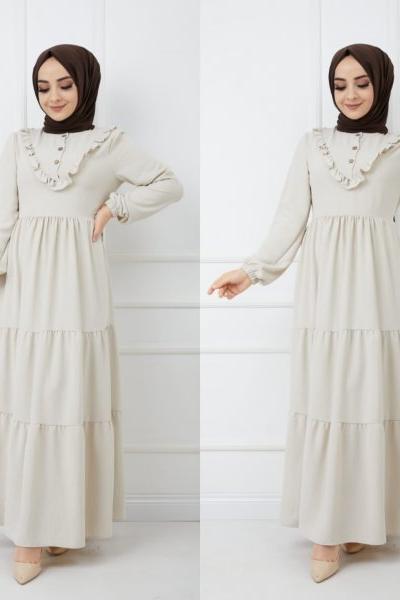 Yeni Model Ayrobin Elbisem Krem