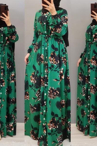 Yeni Model Boydan Düğmeli Elbisem Yeşil