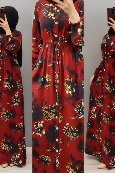 Yeni Model Boydan Düğmeli Elbisem Kırmızı